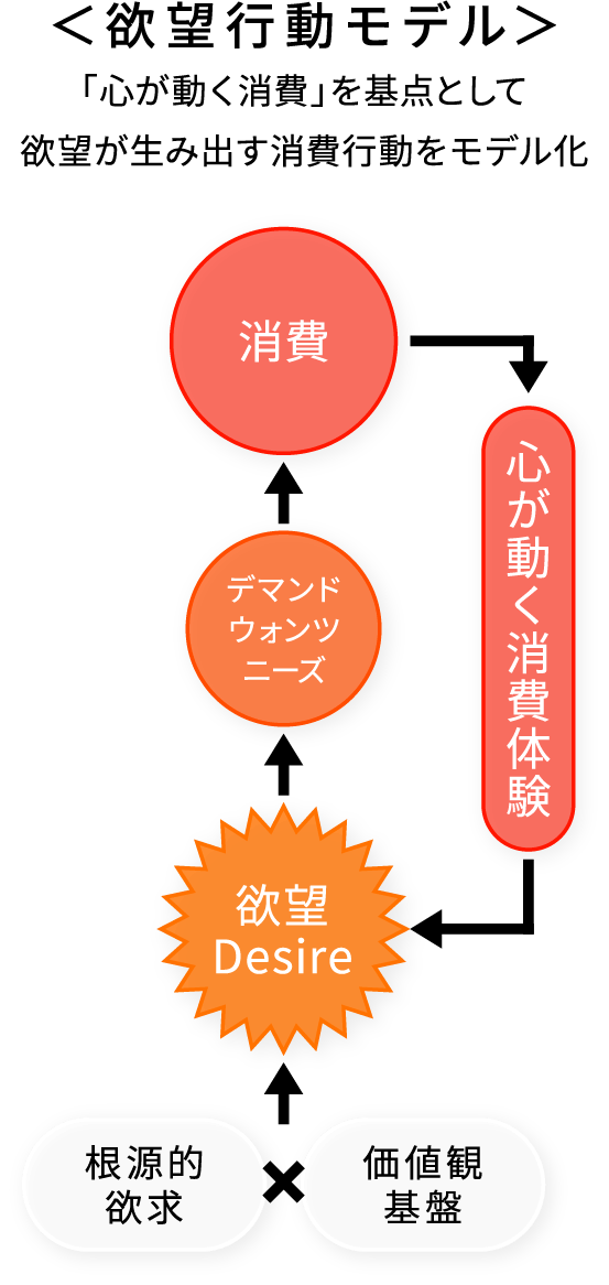 ＜欲望行動モデル＞「心が動く消費」を基点として欲望が生み出す消費行動をモデル化　根源的欲求×価値観基盤→欲望（Desire）→デマンドウォンツニーズ→消費→心が動く消費体験